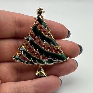 Small Christmas Enamel Tree Brooch Christmas Holidays Green with Red Lights